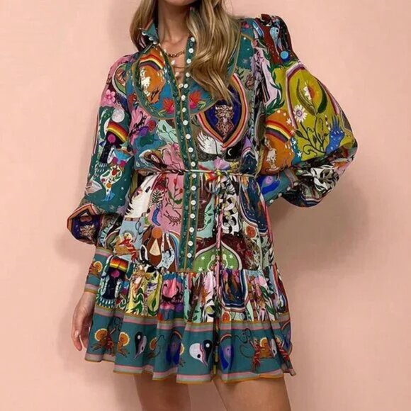 Multicolor Boho Women's Vacation Casual Retro Printed Tied Long Sleeve Dress - Picture 1 of 3